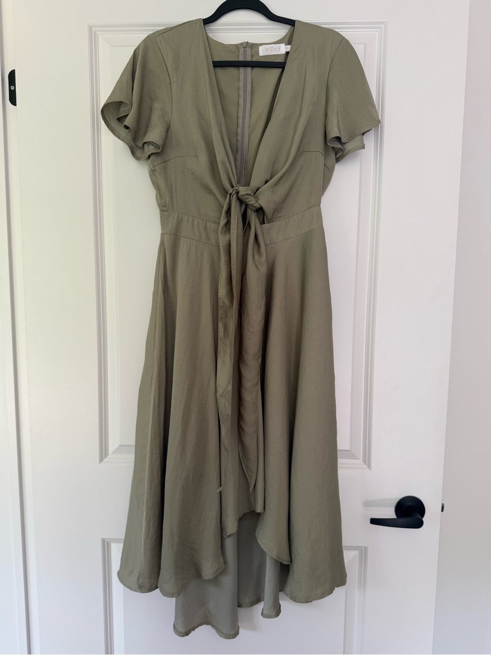 Olive Green Tie-Front Maxi Dress with Flutter Sleeves